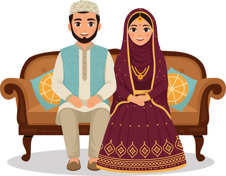 Illustration of Muslim Couple on Couch