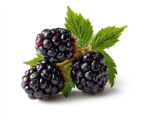 Fototapeta premium Three plump blackberries with leaves (1)