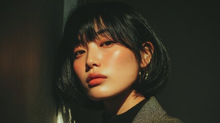 Fototapeta premium Captivating young woman bathed in warm golden hour sunlight, exuding modern elegance and serene beauty, perfect for lifestyle and fashion campaigns.