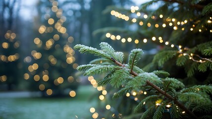 Close-up pine branch with frosty needles and warm bokeh Christmas lights in soft-focus background

