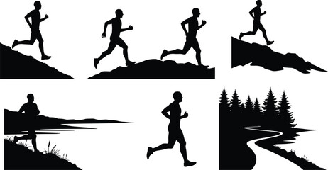 Silhouette of man trail running, mountain jogging, outdoor fitness, healthy lifestyle, nature exercise, sports training, forest path vector design
