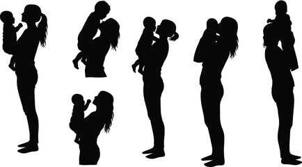 Silhouette of mother holding baby, maternal love and care, family affection, motherhood concept, parent and child bonding illustration