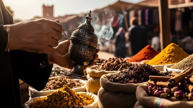 A close-up shot of a person holding an incense burner at a vibrant spice market, with various colorful spices in sacks in the foreground and a bustling market scene in the background.