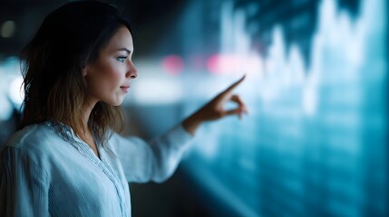 A professional woman interacts with a futuristic digital display showing financial data and charts