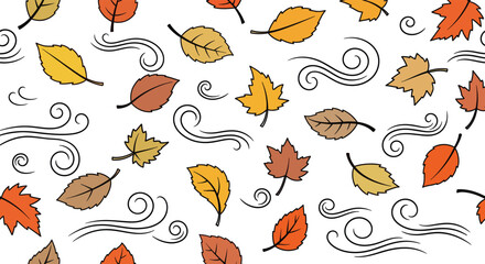A seamless autumn pattern featuring colorful falling leaves and elegant wind swirls on a white background. The design showcases shades of orange, yellow, and brown. Symbolizing the beauty of fall