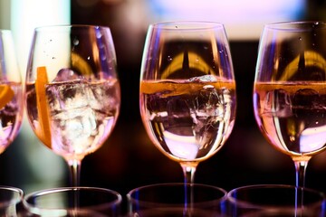 Close-up of cocktail glasses with ice and orange slice