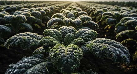 Vibrant Green Kale Field Glistening with Morning Dew at Sunrise, a Close-Up of Healthy, Fresh Produce in an Agricultural Landscape