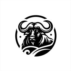 Obraz premium Stylized black and white buffalo head emblem with horns and mane