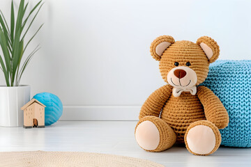 Adorable teddy bear with bow tie sits serenely in bright, modern children's room, perfect for nurseries, playrooms, and heartwarming childhood memories