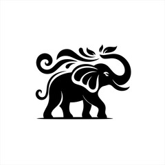 Fototapeta premium Stylized black elephant silhouette with flowing trunk and leaves