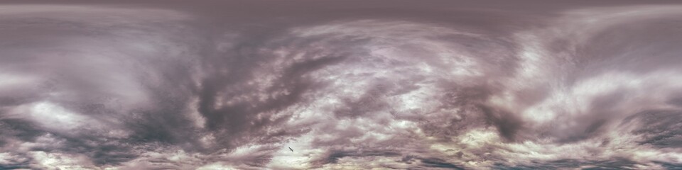 Obraz premium Dark moody rain clouds in dramatic overcast sky. Seamless 360 HDR spherical panorama. Full zenith or sky dome in 3D environment, sky replacement for aerial drone panoramas. Climate and weather change.