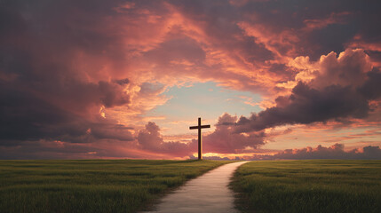 Obraz premium Cross standing on a grassy field under a dramatic red and orange sunset sky with a path leading toward the horizon