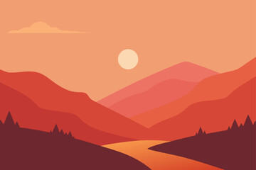 Fototapeta premium Sunset over layered mountains with winding river view