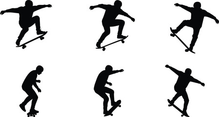 Silhouette of skateboarder performing tricks in motion, extreme sports action, skateboarding jump pose, youth lifestyle, balance and energy concept illustration