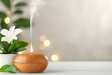 Soothing aroma therapy diffuser with fragrant smoke and bokeh lights creates an inviting ambiance for relaxation and wellness promotion