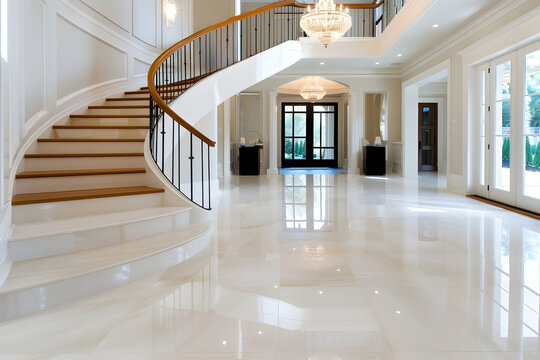 Stunning foyer with spiral staircase and gleaming marble floors invites luxury and sophistication, perfect for upscale real estate or interior design projects