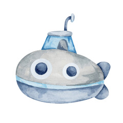 Gray and blue submarine watercolor illustration, hand drawn clipart. Perfect for childrens decor, nautical posters, fabric patterns, invitations, stickers, and digital scrapbooking marine themes