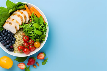 Fresh and vibrant buddha bowl with grilled chicken, berries and greens on a clean blue backdrop, perfect for healthy eating and lifestyle content