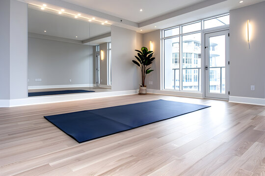 Find inner peace in a bright, modern yoga studio with natural light and sleek design perfect for mindful movement and wellness promotion - Powered by Adobe