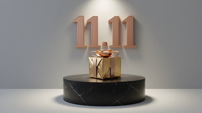 Golden gift box on a marble pedestal under spotlight, with 1111 numbers in the background, symbolizing a special offer