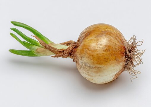 Sprouting onion, light brown bulb with green shoots - Powered by Adobe