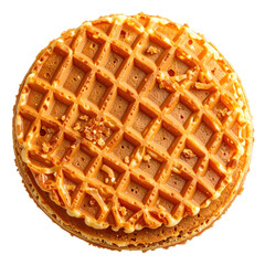 Overhead view of stacked golden waffles with crispy edges and texture