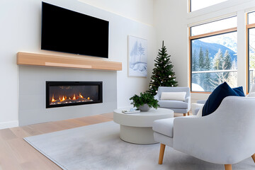 Cozy modern living room with fireplace and Christmas tree evokes feelings of warmth and joy, perfect for holiday promotions and lifestyle content