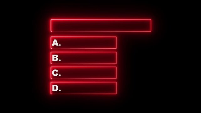 Neon Quiz Animation with option selection ,Quiz template challenge with option selection, Neon Line Animation on empty background for quiz and competition. quiz question and answers with option. 
