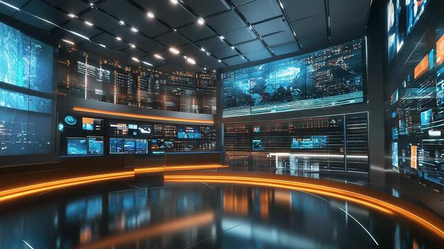 Futuristic news studio broadcasting global information technology