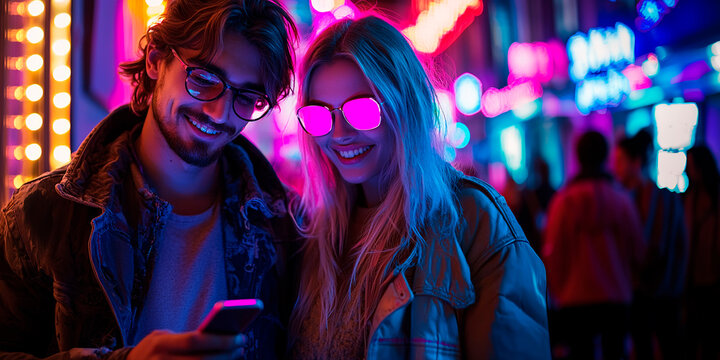 Pareja con gafas miran un movil en la calle
