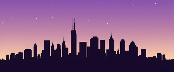 Obraz premium City skyline silhouette against a vibrant purple and orange sunset sky.