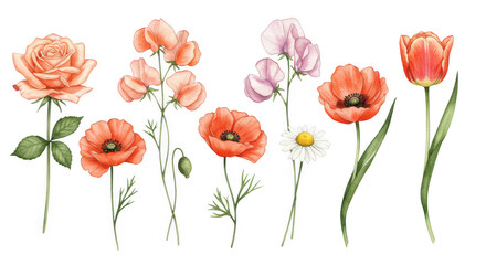 Floral Elegance: A watercolor illustration of various delicate and vibrant flowers, showcasing their intricate details and beauty.