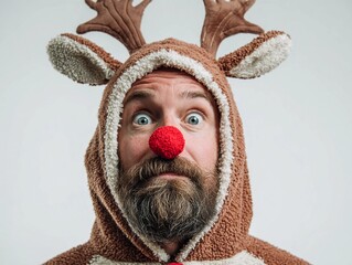 Person wearing reindeer costume with red nose smiles at the camera during a holiday celebration indoors