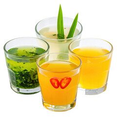 Fototapeta premium Four colorful drinks herbal spicy and refreshing beverages in clear glasses
