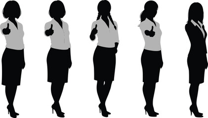 Business women giving thumbs up gesture in silhouette style, teamwork approval concept, cad drawing flat vector illustration design
