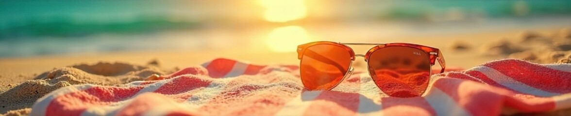 Serene Summer Sunbathing Scene Golden Hour Sunlight on Beach Towel, Sunglasses, and Vacation Essentials