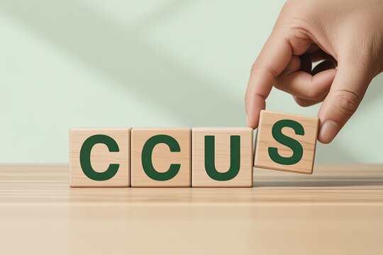 Hand arranges letter blocks spelling ccus concept for carbon capture utilization and storage