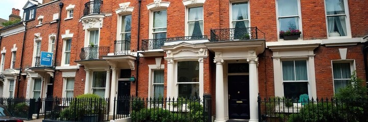 Charming Victorian Townhouse on a London Street Elegant Brickwork and Tall Windows Capture Classic Architectural Detail in a Picturesque Urban Scene.