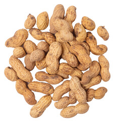 Isolated pile of peanuts on a white background. Top view, copy space