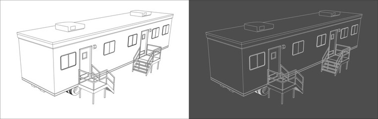 Isometric line drawing illustration of a construction site portable office