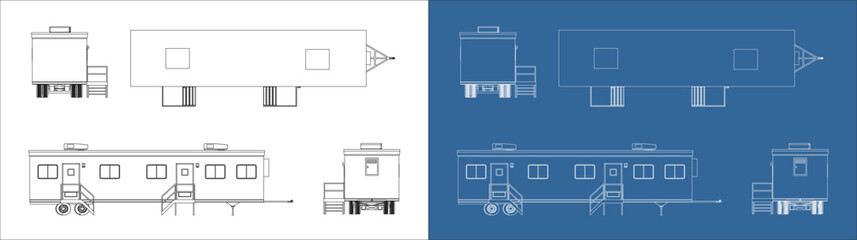 Technical blueprint illustration of a mobile portable office used on construction sites