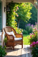 Relaxing on a Rustic Cane Porch Chair Overlooking a Vibrant Summer Garden in Sunlight