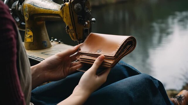 Person sewing leather wallet with vintage machine by water.