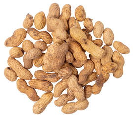 Isolated pile of peanuts on a white background. Top view, copy space