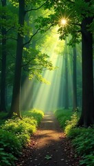 Sun-Dappled Path Through Lush Forest Park Tranquil Escape to Natures Magic