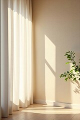Soft Sunlight Streaming Through Sheer Curtains onto Textured Wall, Creating a Calming and Peaceful Atmosphere Ideal for Relaxation and Wellbeing Themes