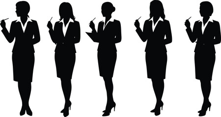 Businesswoman silhouettes in professional attire holding pen and clipboard, thoughtful female office workers decision making concept, corporate leadership strategy icons, 