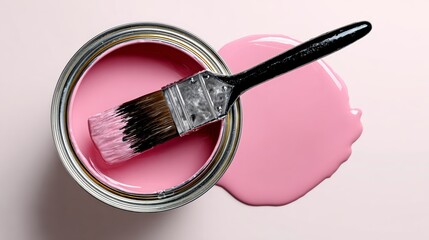 A paint can with a brush in it and a pink paint splatter on the ground. Scene is playful and creative