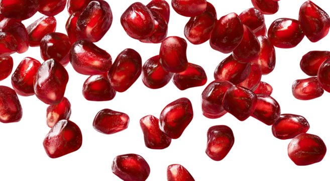 Red pomegranate seeds scattered on transparent background
