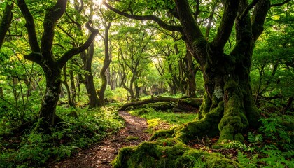 Obraz premium Sunlight filters through a lush, verdant forest trail, evoking serenity